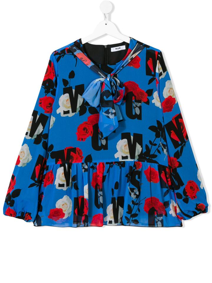 Msgm Kids Teen Rose Printed Logo Blouse - Blue