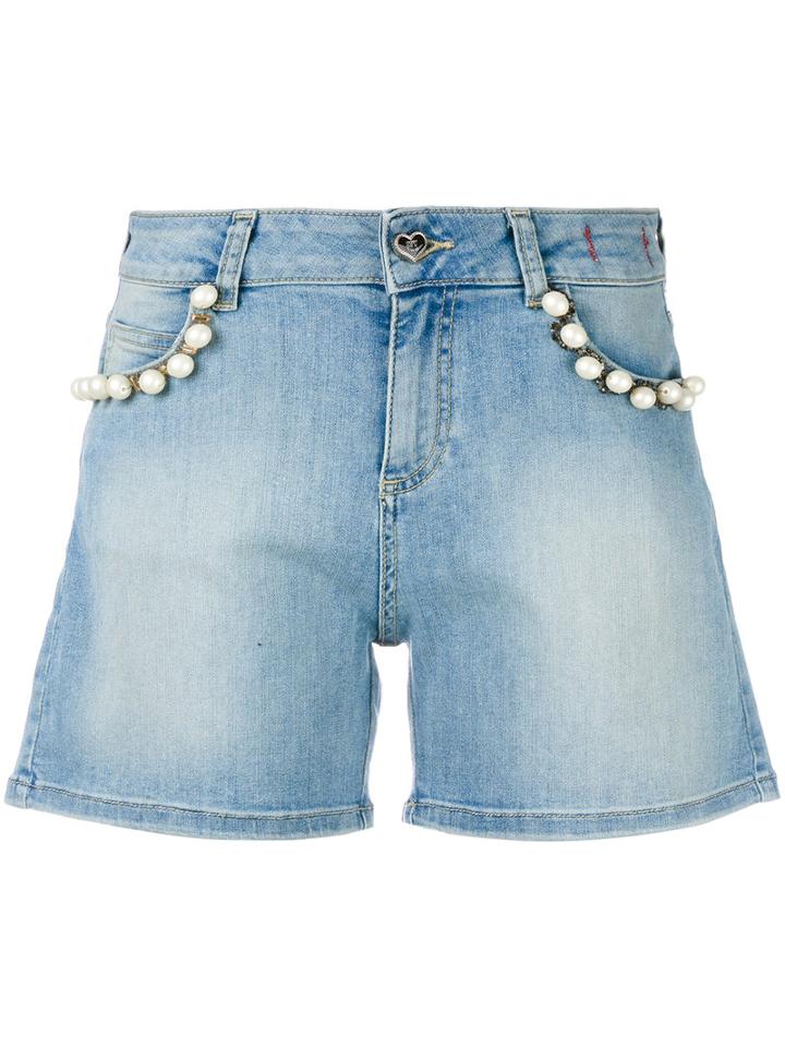 Twin-set - Pearl Embellished Denim Shorts - Women - Cotton/polyester/spandex/elastane - 29, Women's, Blue, Cotton/polyester/spandex/elastane