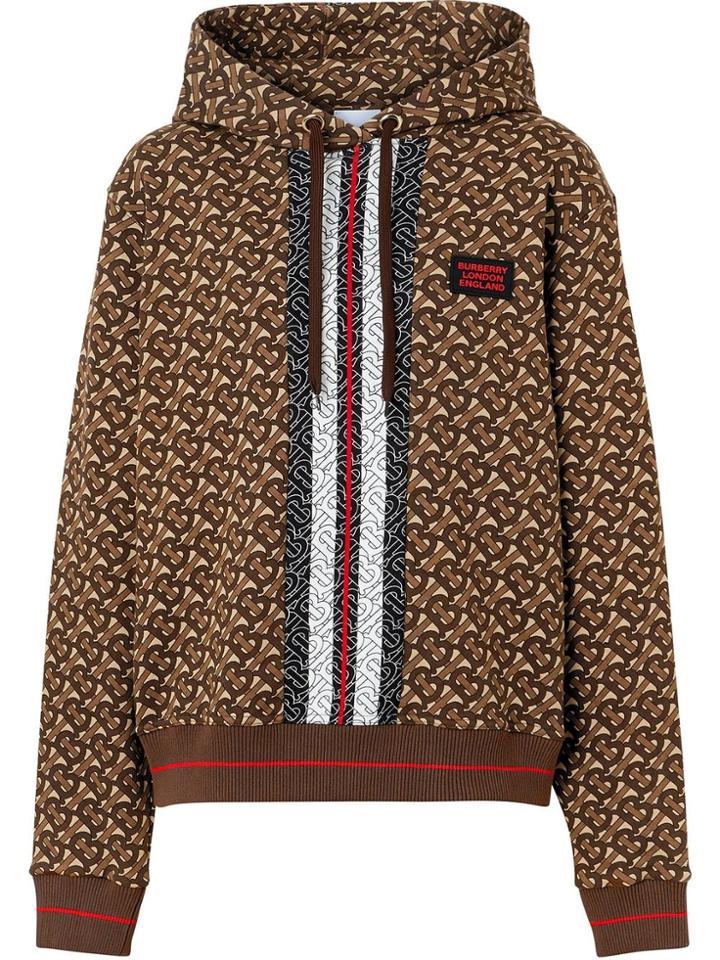 Burberry Monogram Stripe Print Cotton Oversized Hoodie - Brown