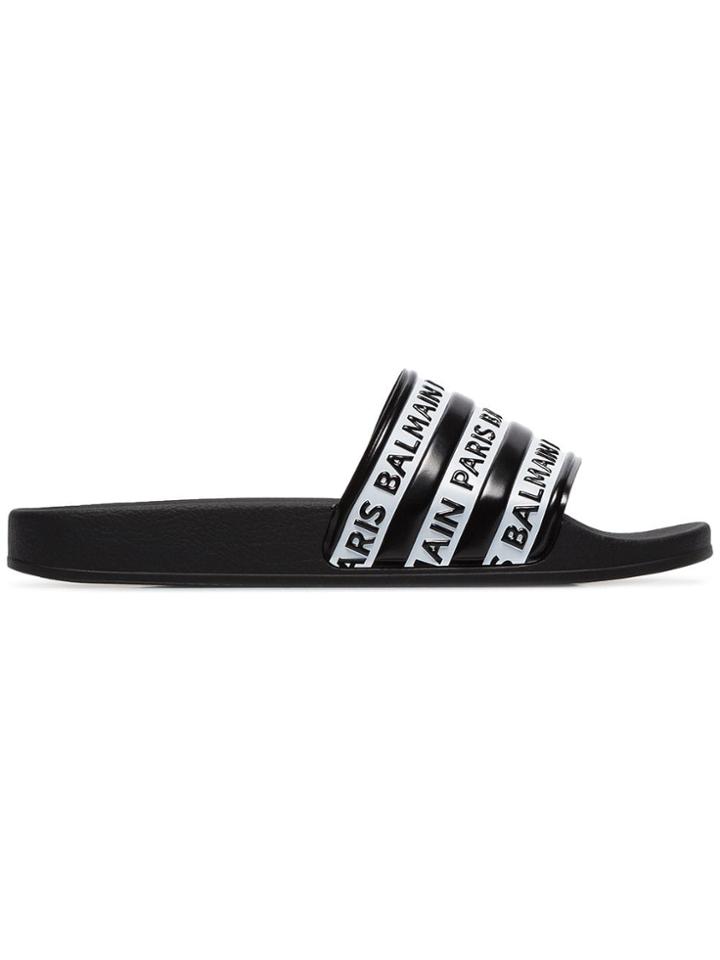 Balmain Black And White Calypso Logo Rubber Slides