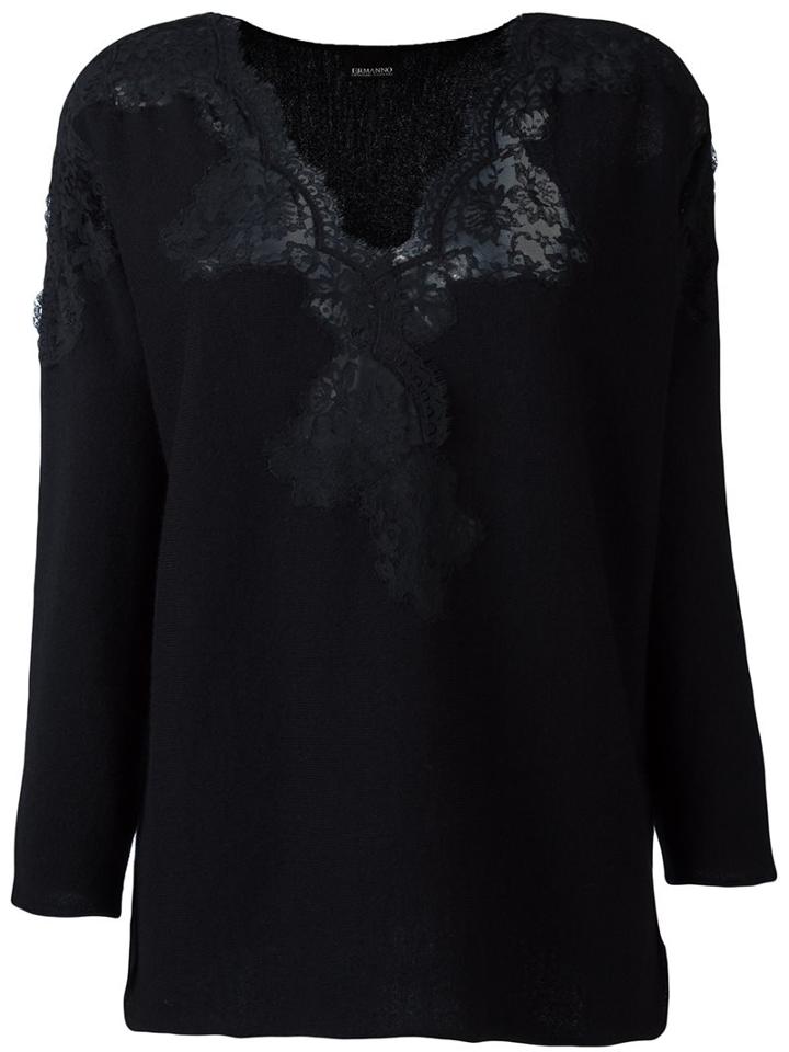 Ermanno Scervino Lace Detail Blouse, Women's, Size: 42, Black, Cotton/polyamide/cashmere/wool