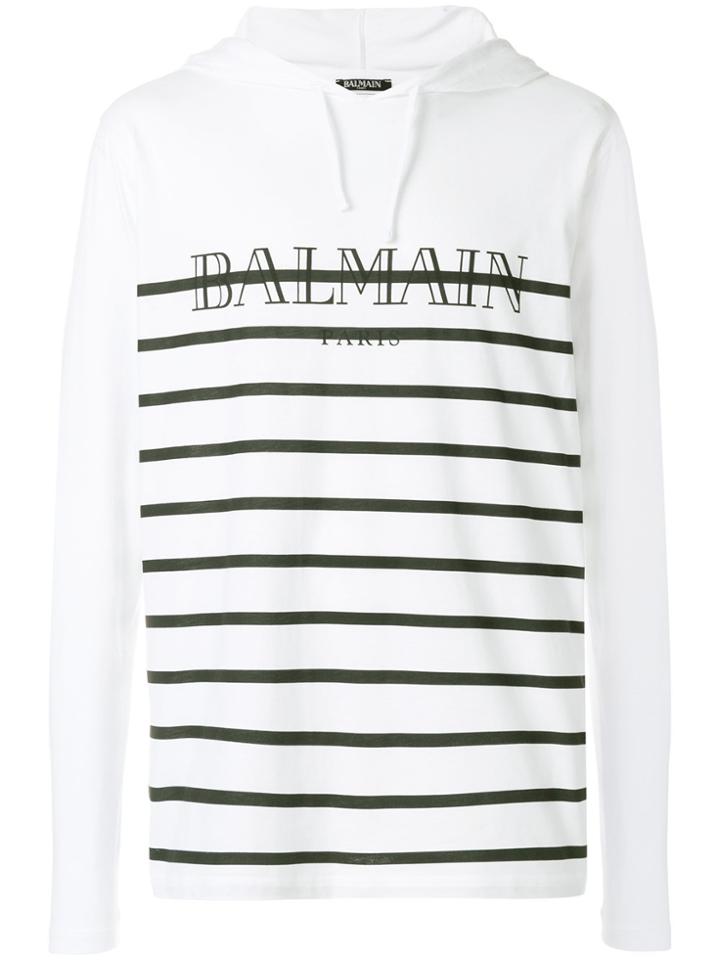 Balmain Striped Logo-print Hooded T-shirt - White