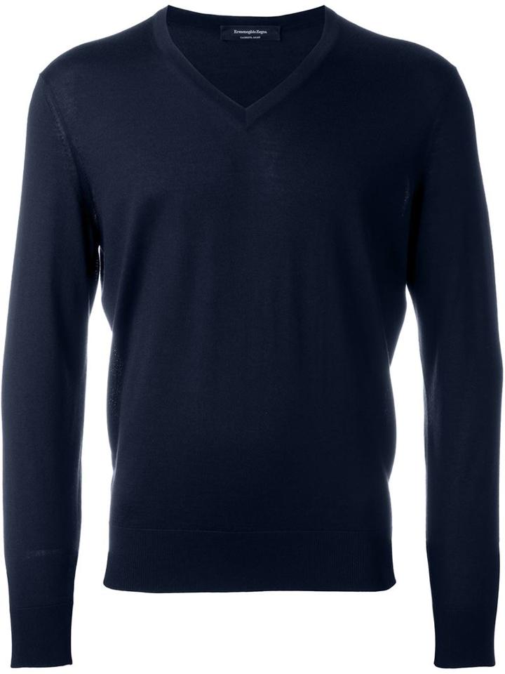 Ermenegildo Zegna V-neck Jumper, Men's, Size: 58, Blue, Silk/cashmere