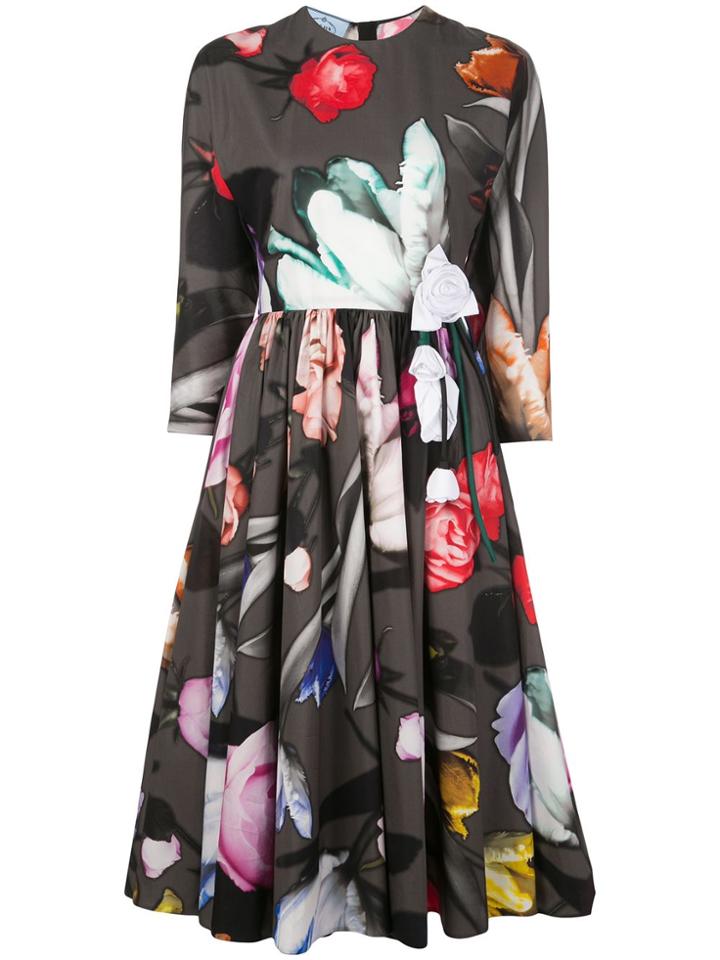 Prada Floral Print Midi Dress - Black