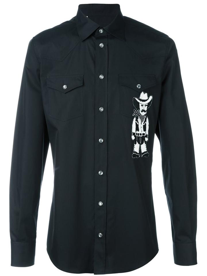 Dolce & Gabbana Cowboy Patch Shirt, Men's, Size: 42, Black, Viscose/cotton