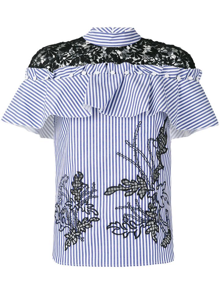 Self-portrait - Lace Detail Striped Blouse - Women - Cotton/polyester - 8, Blue, Cotton/polyester