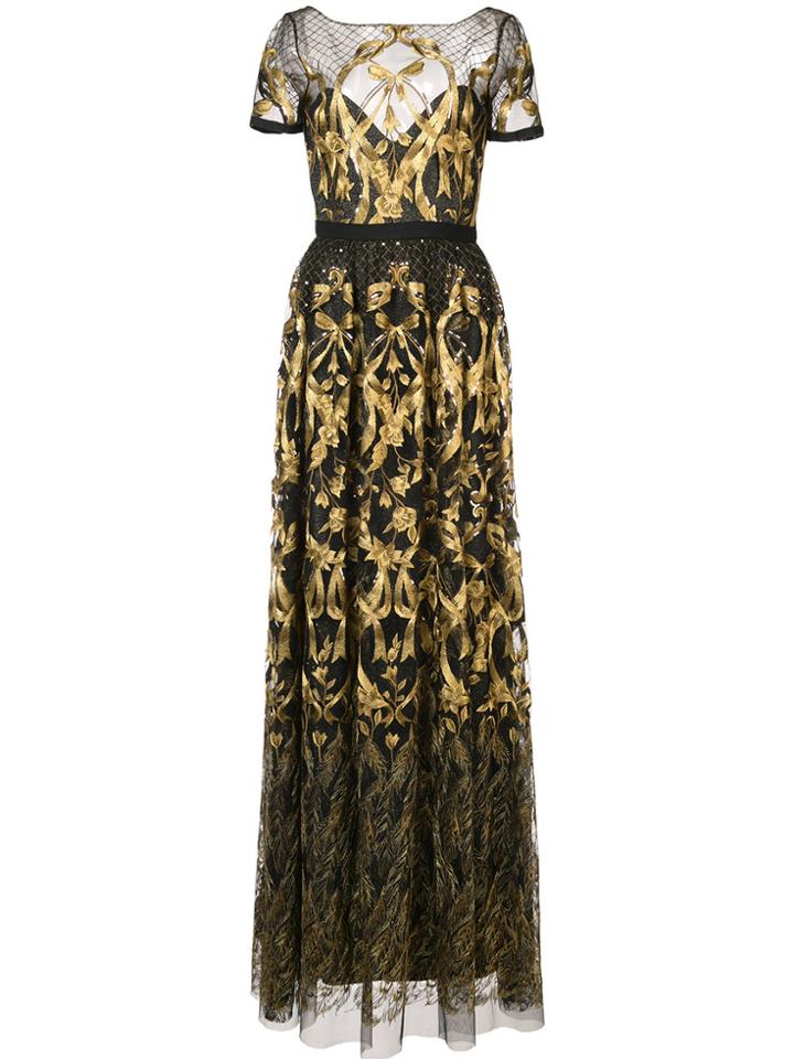 Marchesa Notte Embroidered Plunge Back Gown - Black