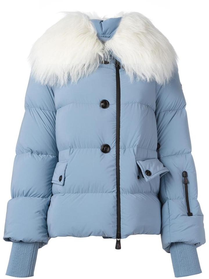 Goat Fur Collar Padded Short Coat, Women's, Size: 2, Blue, Polyamide/polyester/sheep Skin/shearling, Moncler Grenoble