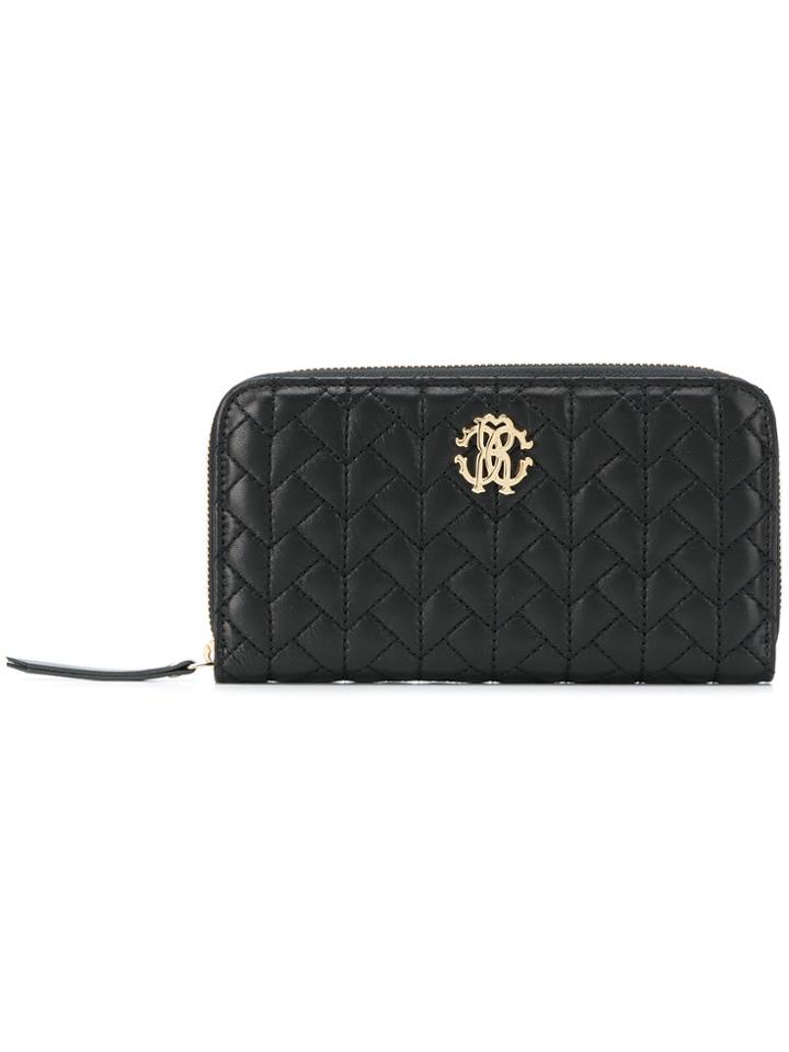 Roberto Cavalli Logo Quilted Zip-around Wallet - Black