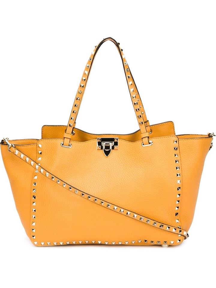 Valentino Garavani Rockstud Trapeze Tote, Women's, Yellow/orange, Calf Leather