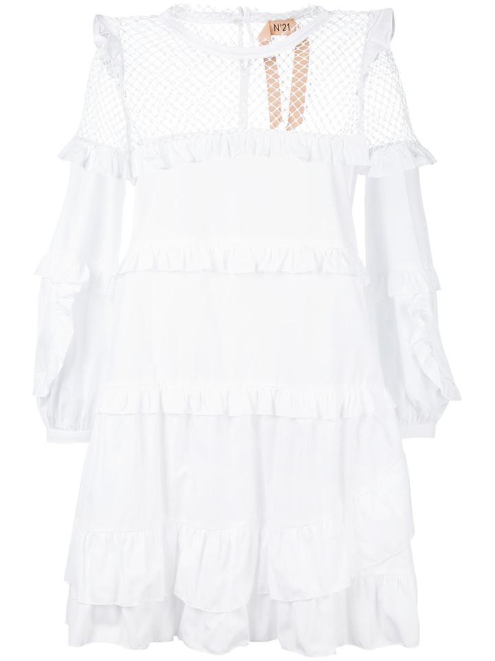 No21 Mesh Overlay Ruffle Dress, Women's, Size: 40, White, Cotton/polyester