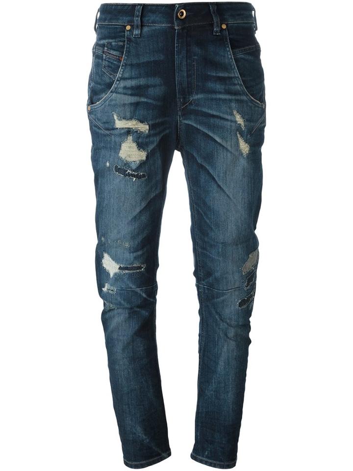 Diesel Distressed Curved Leg Jeans, Women's, Size: 26, Blue, Cotton/polyester/spandex/elastane
