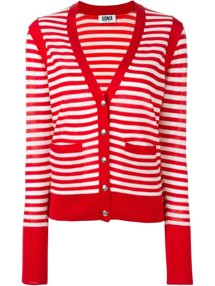 Sonia By Sonia Rykiel Contrast Pocket And Cuffs Striped Button Down V Neck Cardigan