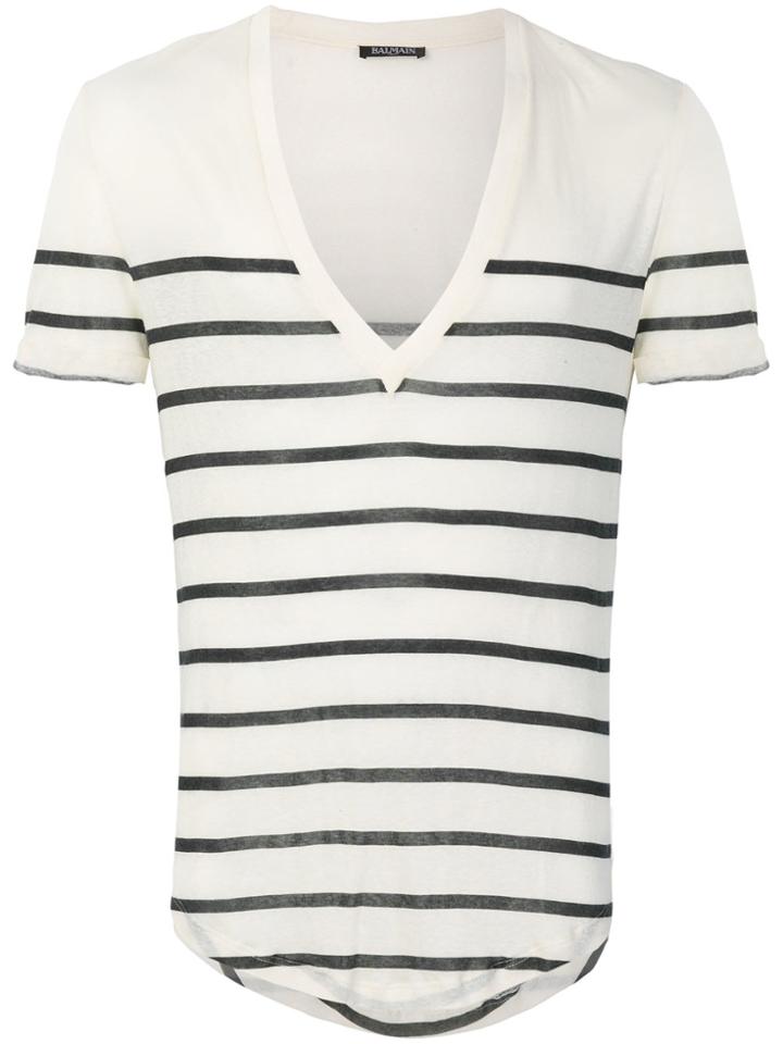Balmain Striped V-neck T-shirt - Nude & Neutrals