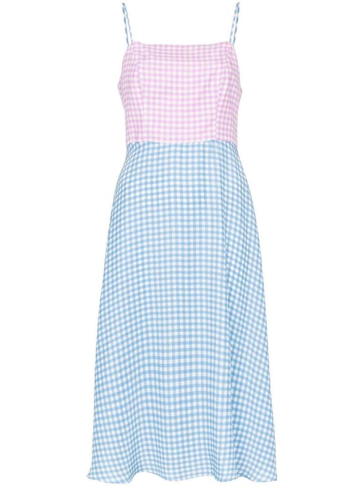 Hvn Nora Contrast Gingham-print Silk Midi Dress - Blue