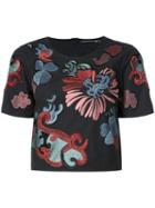 Josie Natori Embroidered Flower Cropped T-shirt - Black