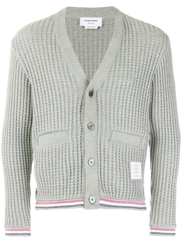 Thom Browne Oxford Stripe Chunky Waffle Knit V-neck Cardigan - Grey