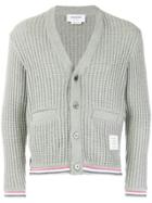 Thom Browne Oxford Stripe Chunky Waffle Knit V-neck Cardigan - Grey