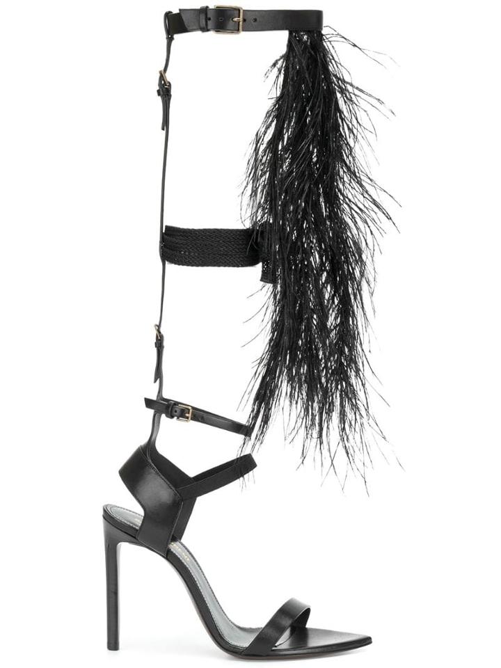 Saint Laurent Ostrich Feather Embellished Sandals - Black