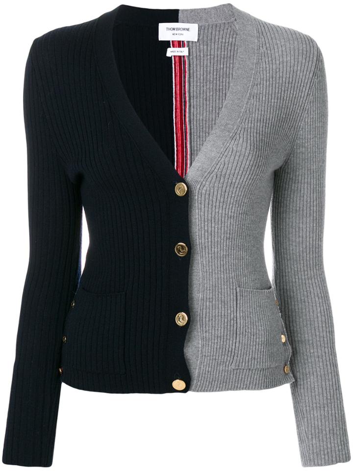 Thom Browne Half-and-half Rib Knit V-neck Wool Cardigan - Blue