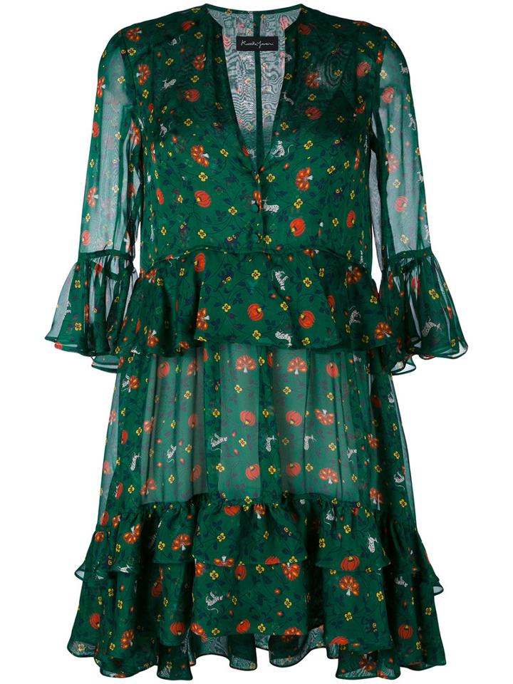 Rossella Jardini - Printed Ruffle Trim Dress - Women - Silk/polyester - 40, Green, Silk/polyester