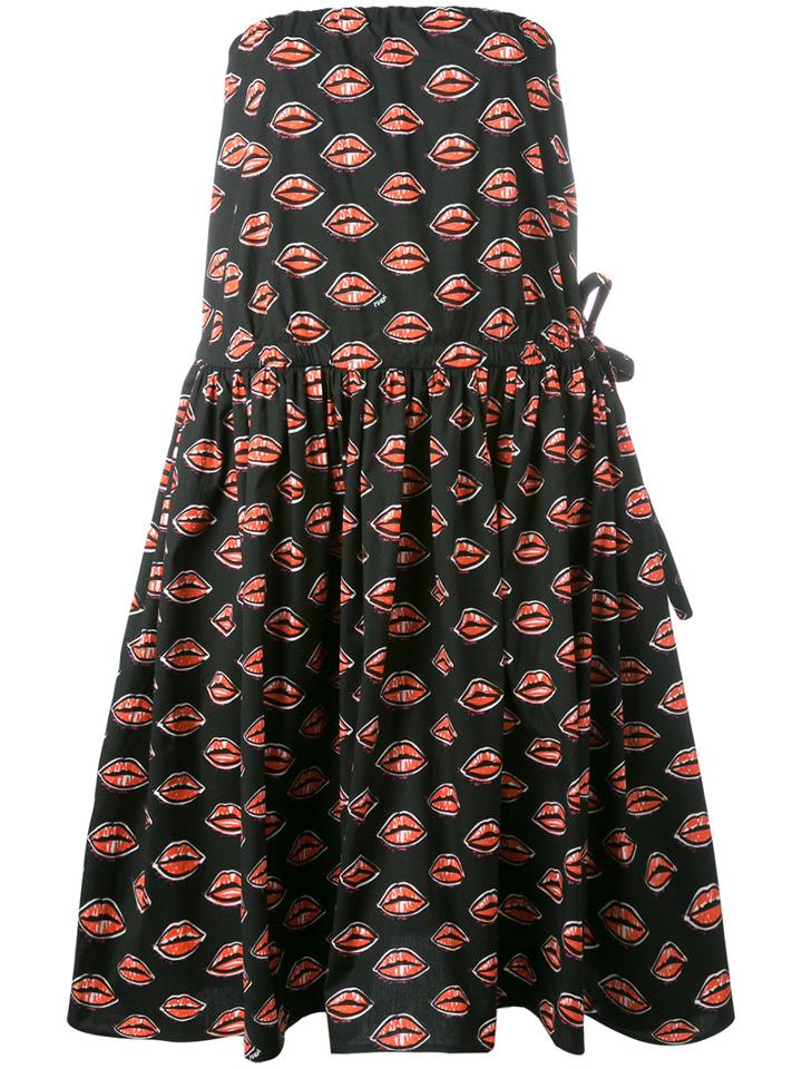 Prada Lip Print Strapless Dress, Women's, Size: 38, Black, Cotton/spandex/elastane