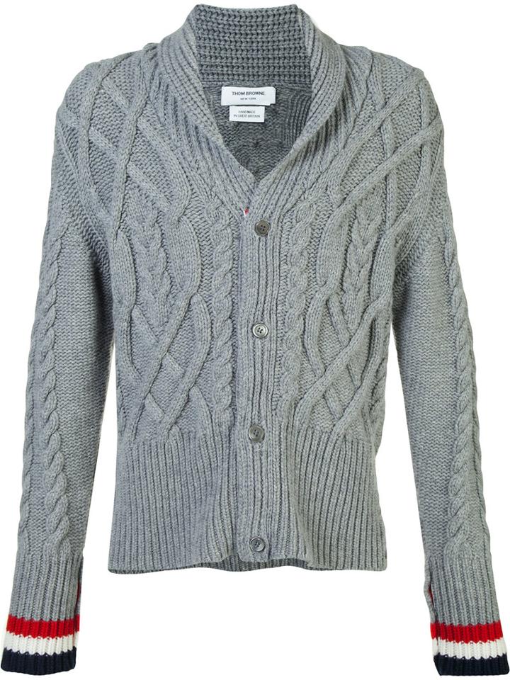 Thom Browne Thick Cable Knit Cardigan, Men's, Size: 2, Grey, Cashmere