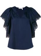See By Chloé Broderie Anglaise Ruffled Sleeve Top - Blue