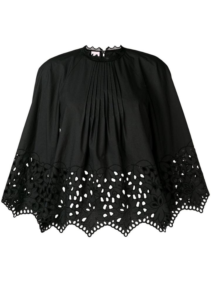Giamba Gathered Embroidered Swing Blouse - Black