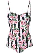 Dolce & Gabbana Striped Rose Print Swimsuit - Multicolour