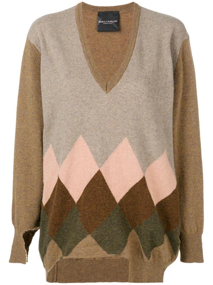 Erika Cavallini Colour-block Argyle Sweater - Brown