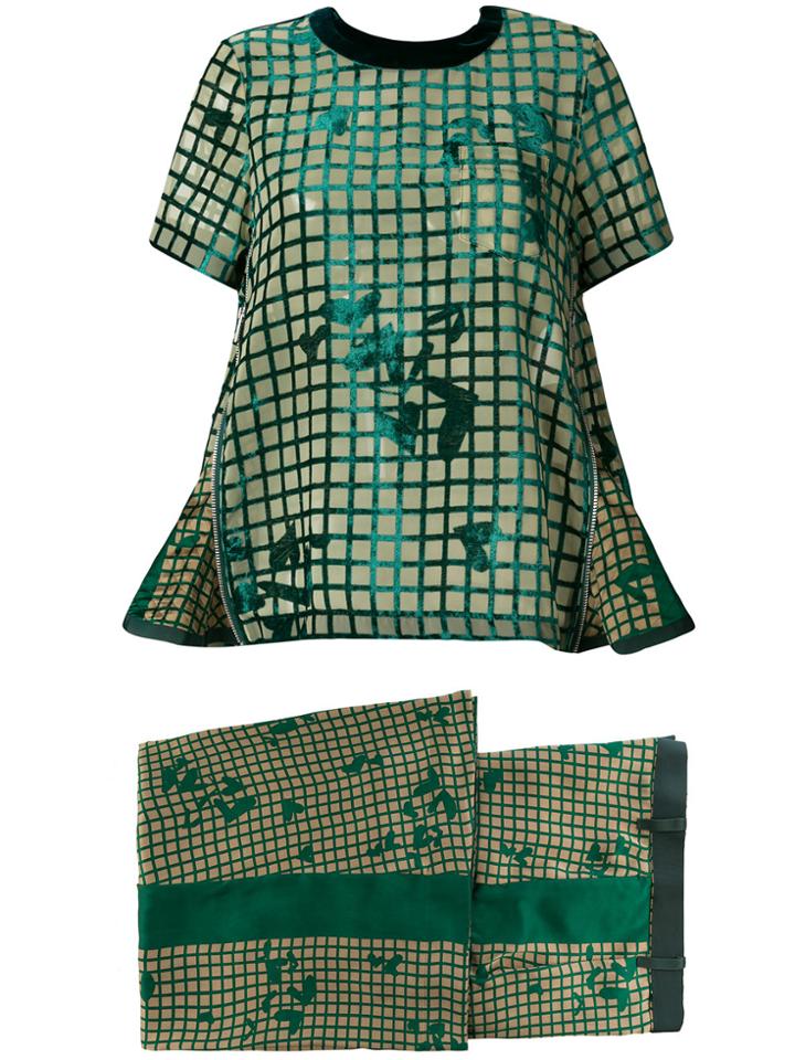 Sacai Grid Print Wide Leg Trousers - Green