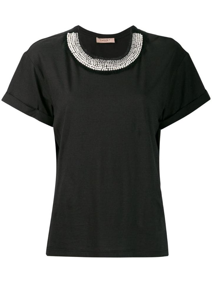 Twin-set Pearl-embellished Neck T-shirt - Black