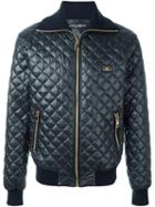 Dolce & Gabbana Quilted Bomber Jacket, Men's, Size: 50, Blue, Calf Leather/polyamide/zamak