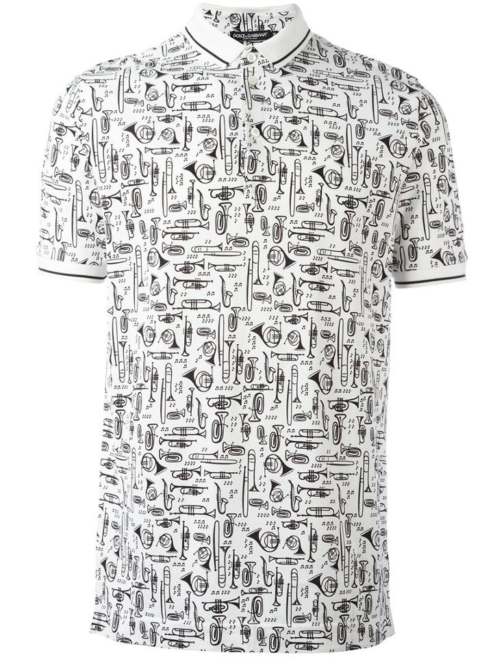 Dolce & Gabbana Musical Instrument Print Polo Shirt, Men's, Size: 54, White, Cotton
