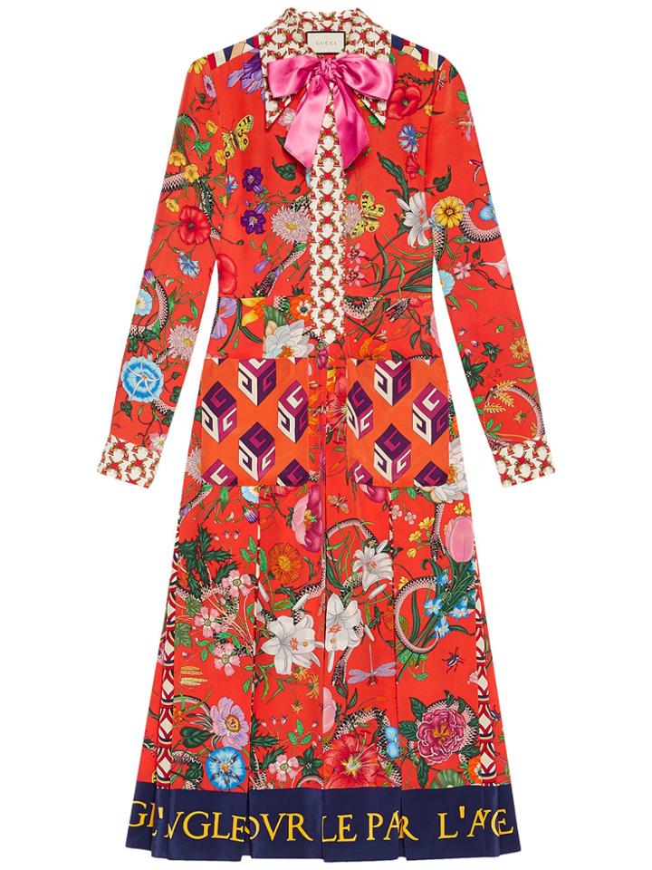 Gucci Patchwork Print Silk Dress - Yellow & Orange