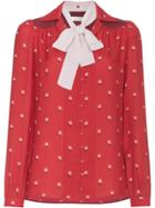 Valentino Rose Print Contrast Collar Silk Shirt - Red