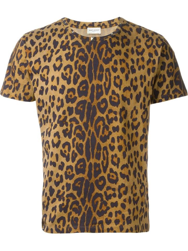 Saint Laurent Leopard Print T-shirt, Men's, Size: M, Brown, Cotton