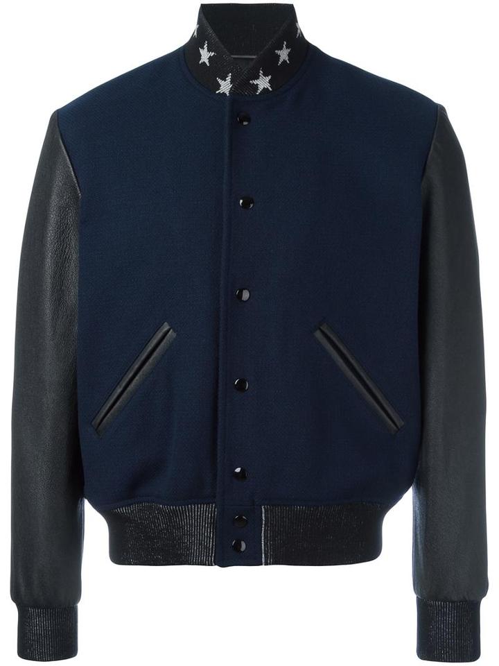 Saint Laurent Teddy America Bomber Jacket, Men's, Size: 50, Blue, Virgin Wool/polyamide/lamb Skin/cotton