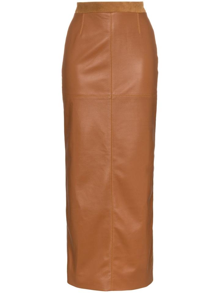 Situationist High Waist Leather Straight Midi Skirt - Brown