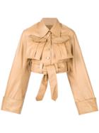 Rokh Large Pocket Front Cropped Leather Jacket - Nude & Neutrals