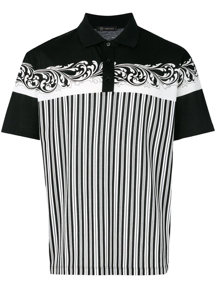 Versace Baroque Printed Striped Polo Shirt - Black