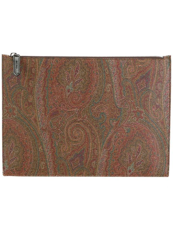 Etro Tonal Print Zipped Clutch, Men's, Brown, Cotton/pvc/polyurethane/polyester