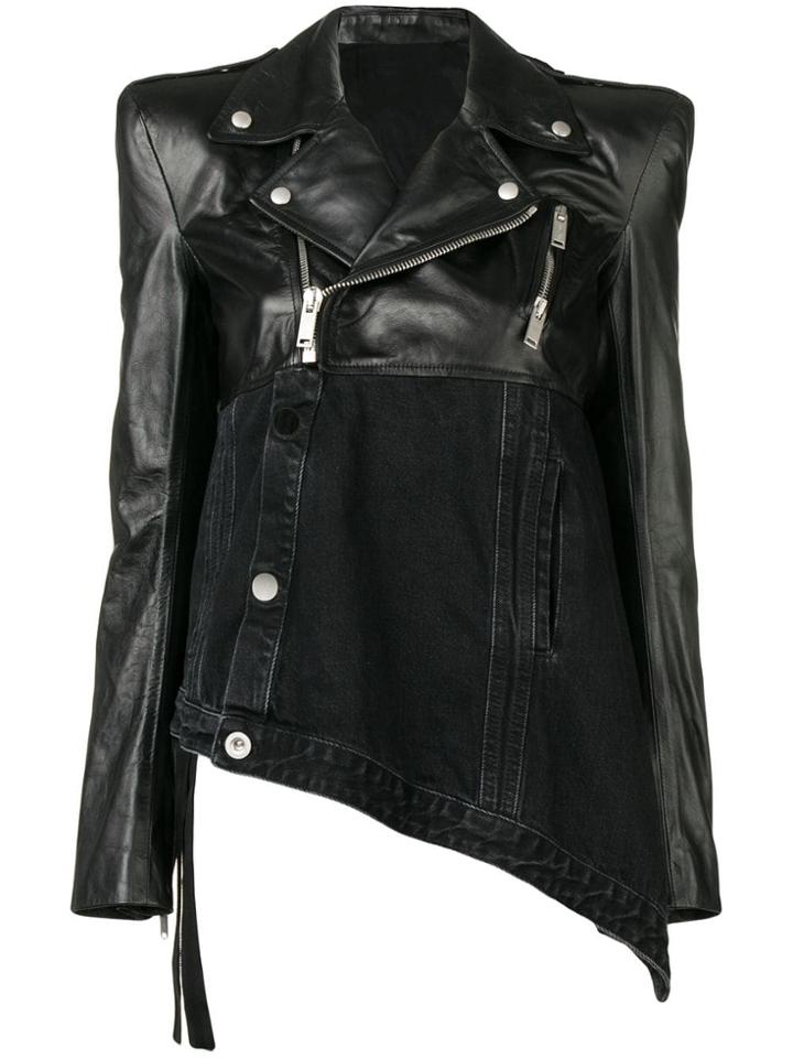 Unravel Project Asymmetric Denim Panel Biker Jacket - Black