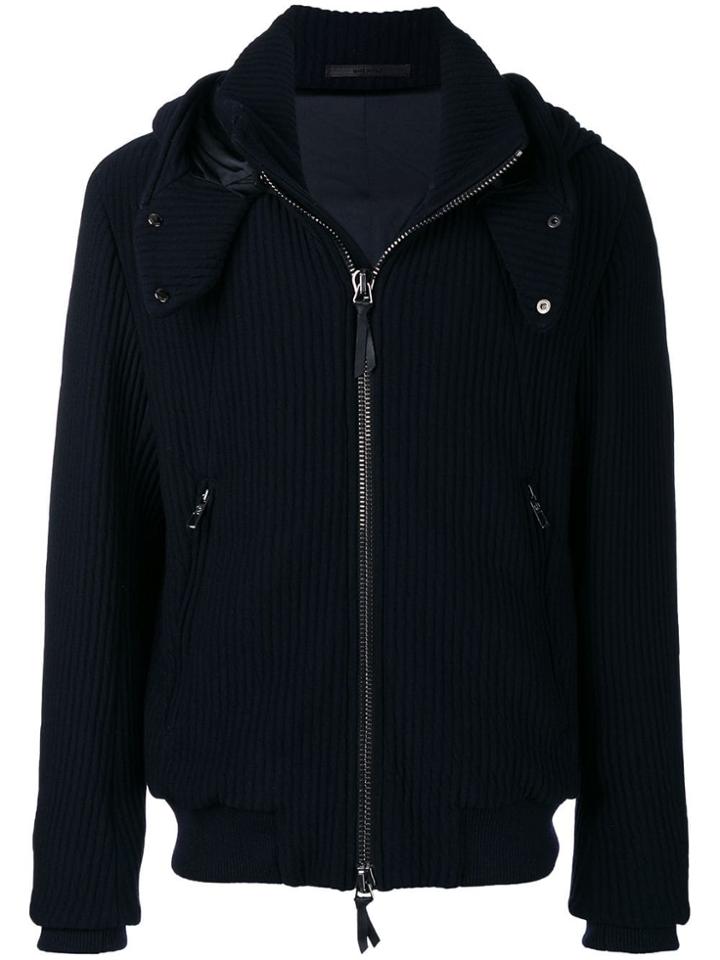 Giorgio Armani Rib Knit Hooded Bomber - Blue