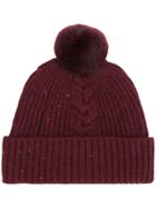 N.peal Fur Bobble Cable Beanie - Red