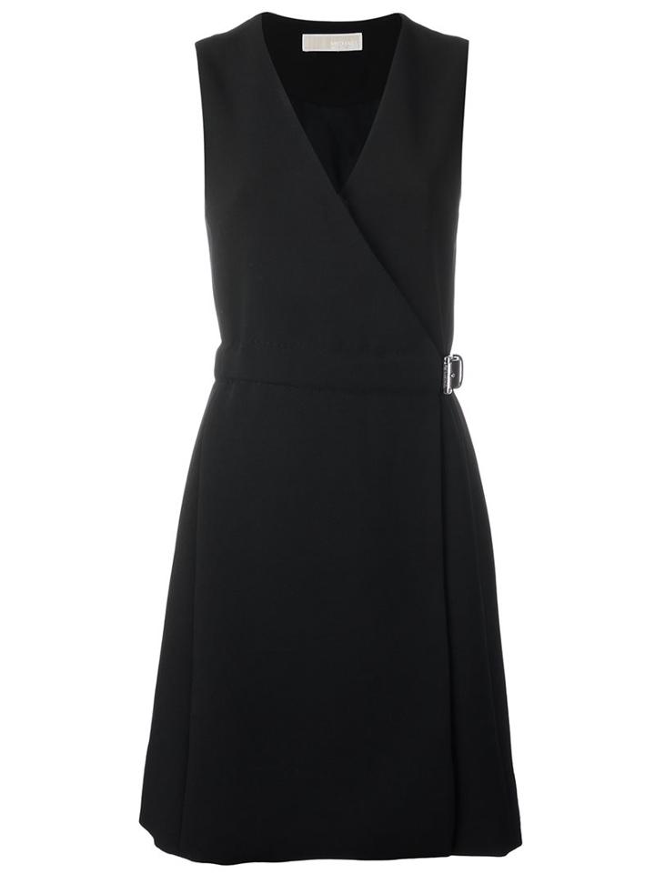 Michael Michael Kors V-neck Buckled Dress, Women's, Size: 6, Black, Polyester/spandex/elastane/synthetic Enamel
