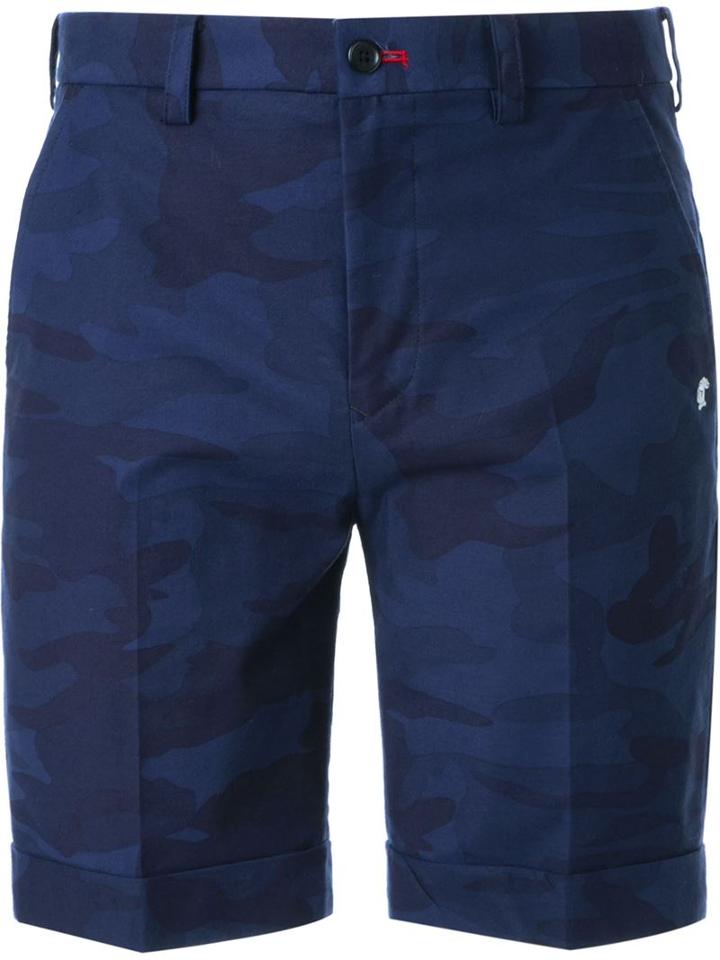 Loveless Camouflage Pleated Tailored Shorts, Men's, Size: 0, Blue, Cotton/polyurethane