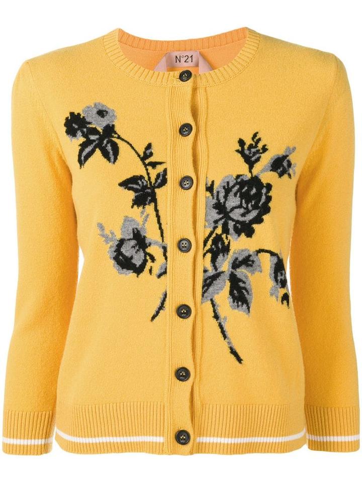 Nº21 Floral-intarsia Cardigan - Yellow