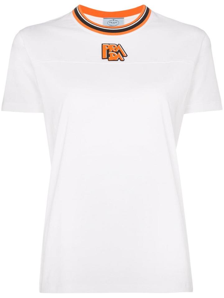 Prada Ribbed Neck Logo Patch Cotton T-shirt - White